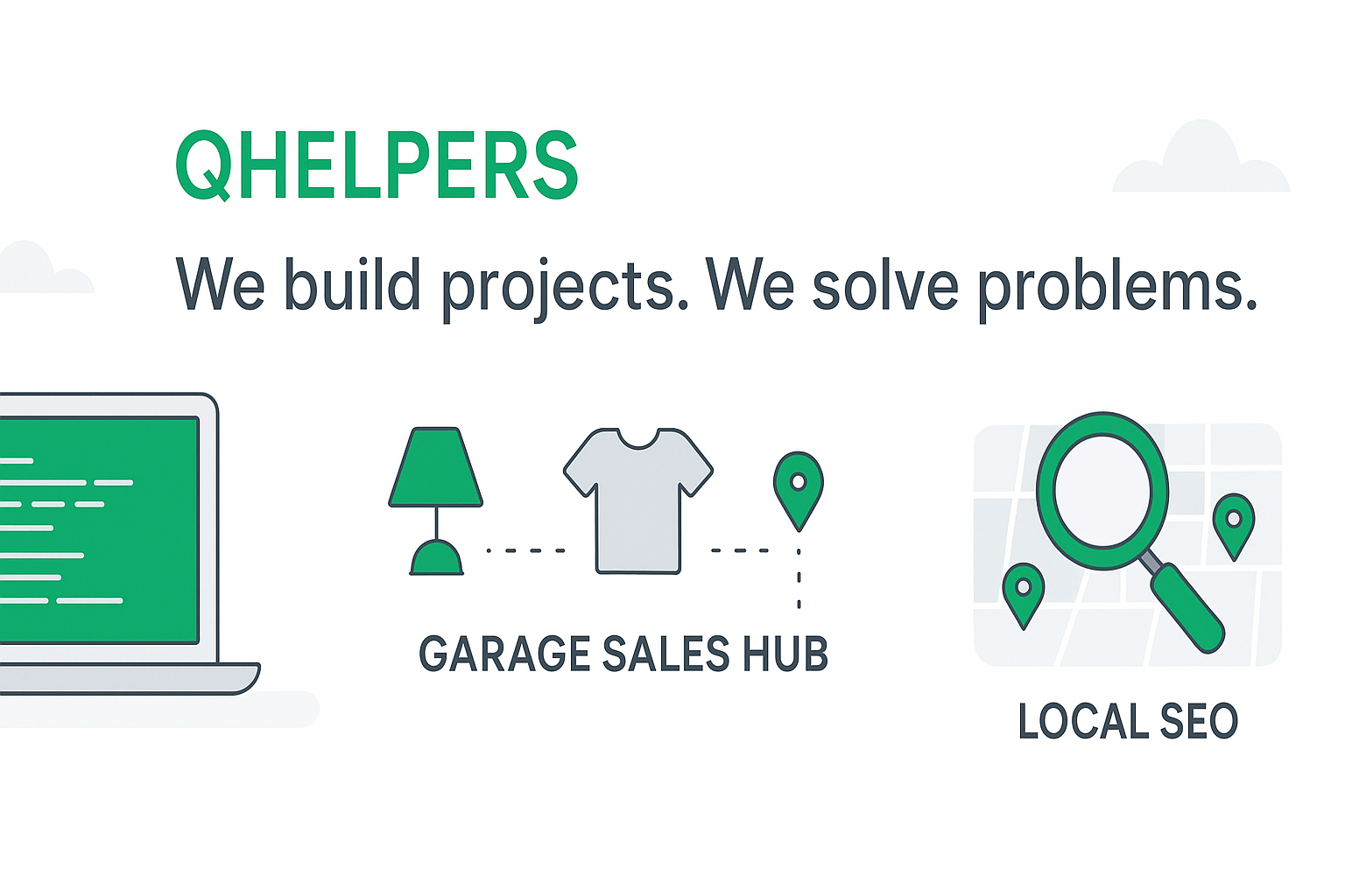 QHelpers illustration: development, garage sales hub, local SEO